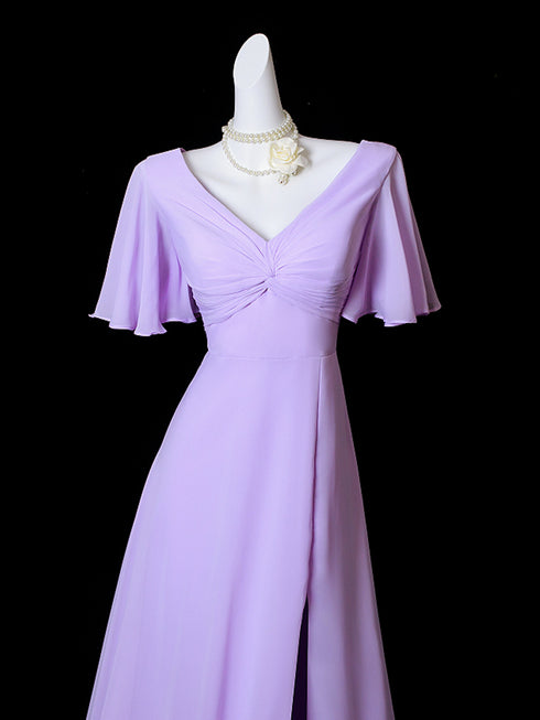 Light Purple Chiffon Short Sleeves Long Party Dress, A-line Chiffon Wedding Party Dress