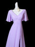 Light Purple Chiffon Short Sleeves Long Party Dress, A-line Chiffon Wedding Party Dress