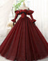 Off-Shoulder Glitter Tulle Prom Gown with Long Sleeves, Black and Red Princess Ball Gown