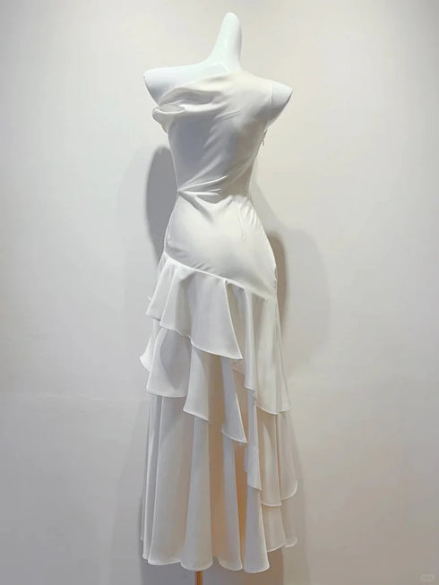 White Satin Layers Long Graduation Dress, White Floor Length Wedding Party Dress