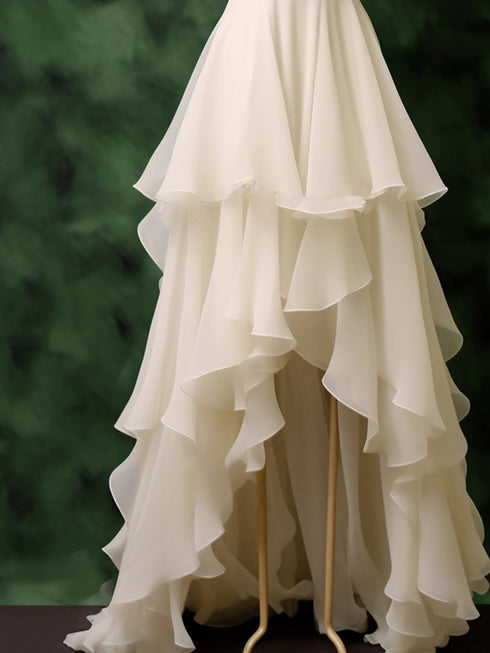 White Chiffon High Low Layers V-neckline Wedding Party Dress, Chiffon Evening Dress