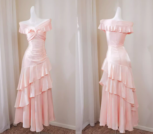 Elegant Off Shoulder Satin Prom Dress, Ruffle Sweetheart Evening Gown Party Dress