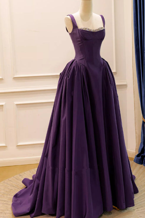 Purple Satin Beaded A-line Straps Sweetheart Prom Dress, Purple Satin Low Back Formal Dress