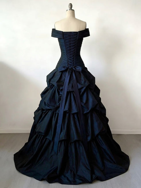 Navy Bllue Off Shoulder Tiered Taffeta Evening Gown Prom Dress, Navy Blue Sweet 16 Gown