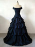 Navy Bllue Off Shoulder Tiered Taffeta Evening Gown Prom Dress, Navy Blue Sweet 16 Gown