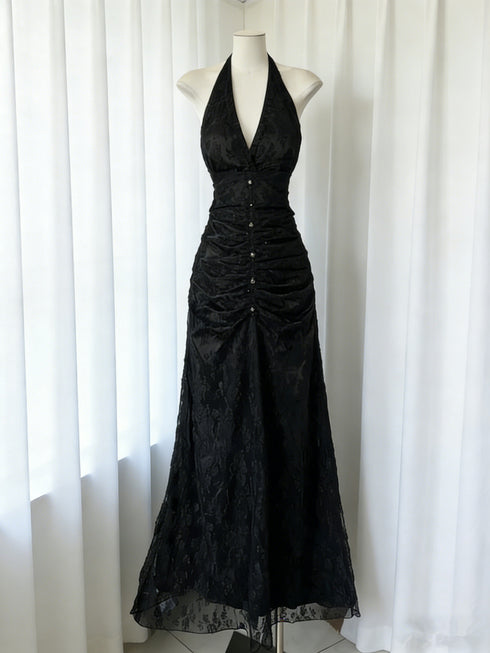 Gothic Black Lace Prom Dress, Halter Neck Ruched Vintage Inspired Formal Dress
