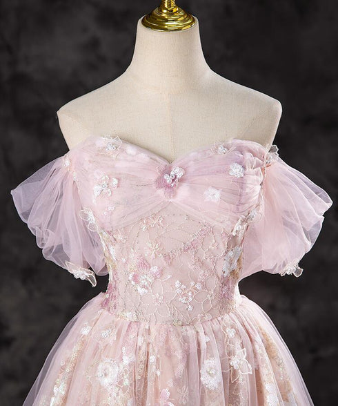 A-line Pink Lace and Tulle Sweetheart Party Dress, Pink Tulle Prom Dress
