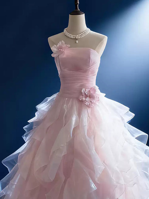 Elegant Light Pink Strapless Prom Dress, Pink Floor Length Tiered Ruffle Party Dress Sweet 16 Dress