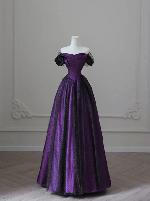 Elegant Off Shoulder Sweetheart Ball Gown Royal Formal Dress, A-line Black and Purple Party Dress