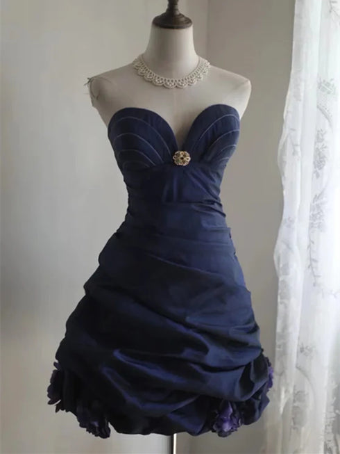 Cute Navy Blue Taffeta Strapless Homecoming Dress, Navy Blue Short Prom Dress Formal Dress