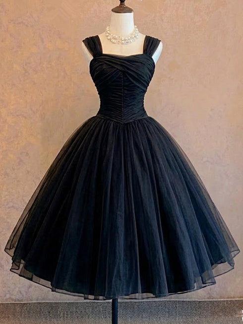 Elegant Straps Ruched Bodice Tea Length Party Dress, Tulle Homecoming Dress Short Formal Dress