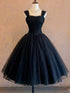 Elegant Straps Ruched Bodice Tea Length Party Dress, Tulle Homecoming Dress Short Formal Dress