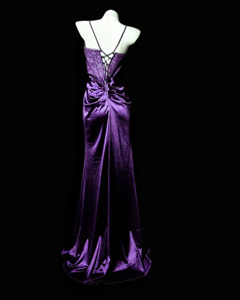 Dark Purple Corset Straps Prom Dress, Ruched Satin Evening Gown with Slit
