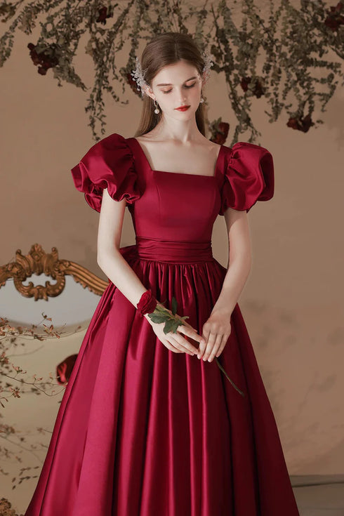 Wine Red Satin Tea Length Short Sleeves Party Dress, Wine Red Satin Homecoming Dress