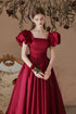Wine Red Satin Tea Length Short Sleeves Party Dress, Wine Red Satin Homecoming Dress