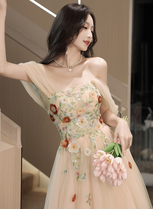 Light Champagne A-line Off Shoulder Party Dress, Tulle with Lace Applique Prom Dress
