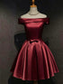 Wine Red Satin Off Shoulder Knee Length Party Dress, Wine Red Off Shoulder Homecoming Dress