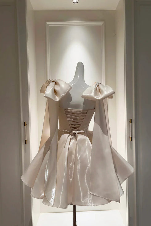 Light Champagne Satin Sweetheart Formal Dress, Short Party Dress with Bow