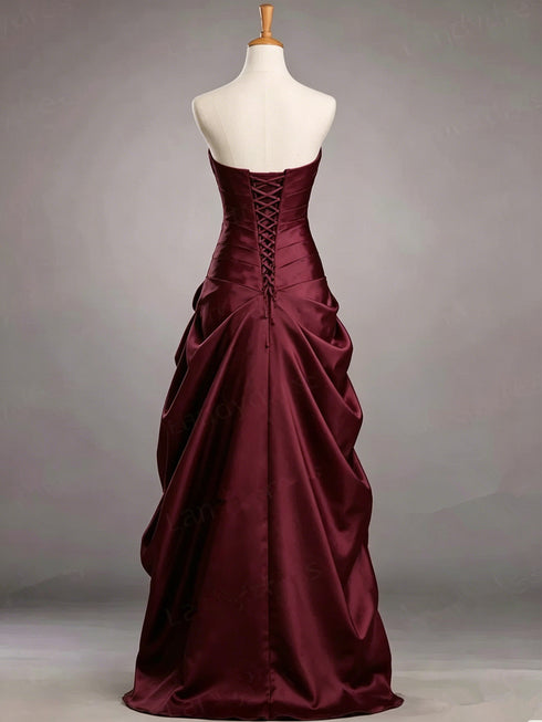 Wine Red Strapless A-line Long Evening Dress with Black Tulle, Wine Red Satin Sweet 16 Dress