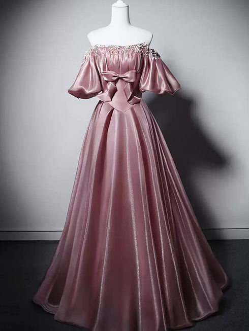 Pink Beaded Satin Off Shoulder Scoop Long Prom Dress, Pink A-line Wedding Party Dress