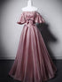 Pink Beaded Satin Off Shoulder Scoop Long Prom Dress, Pink A-line Wedding Party Dress