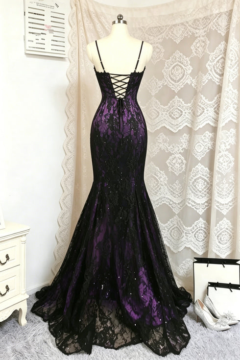 Gothic Glam Purple and Black Lace Mermaid Prom Dress, Black and Purple Formal Dress with Spaghetti Straps