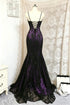 Gothic Glam Purple and Black Lace Mermaid Prom Dress, Black and Purple Formal Dress with Spaghetti Straps