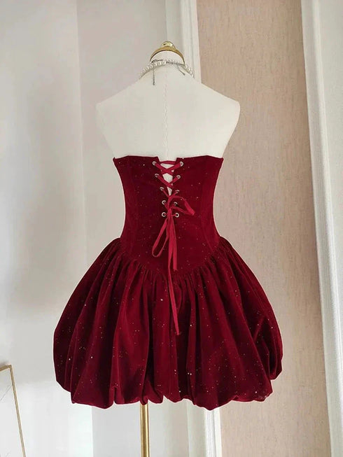 Glitter Wine Red Velvet Strapless Mini Dress, A-line Wine Red Velvet Homecoming Dress