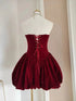 Glitter Wine Red Velvet Strapless Mini Dress, A-line Wine Red Velvet Homecoming Dress
