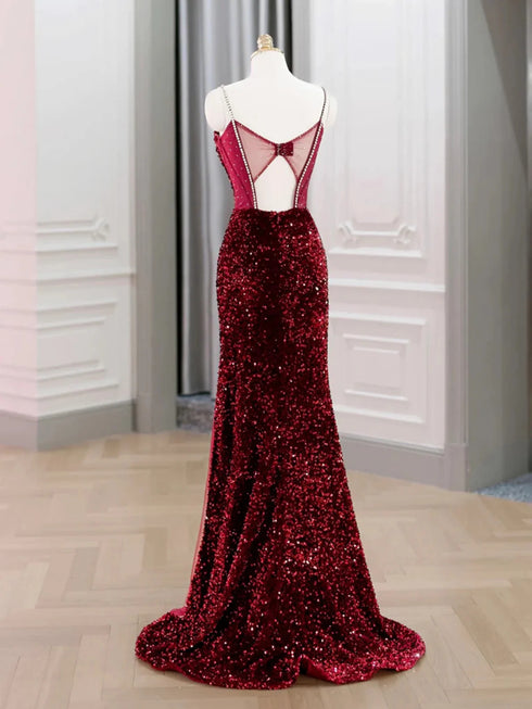 Wine Red Sequins Mermaid Straps Long Formal Gown, Wine Red Sequins Long Prom Dress