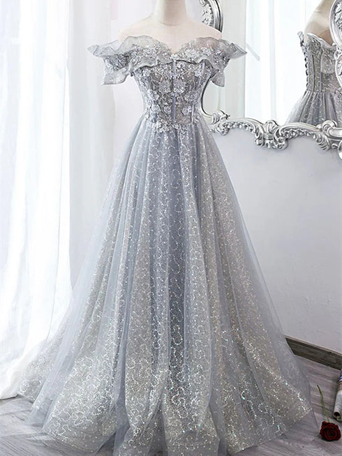 Shiny Silver Grey Tulle Evening Dress, Off Shoulder Glitter A-Line Long Prom Dress