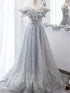 Shiny Silver Grey Tulle Evening Dress, Off Shoulder Glitter A-Line Long Prom Dress