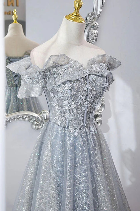 Shiny Silver Grey Tulle Evening Dress, Off Shoulder Glitter A-Line Long Prom Dress