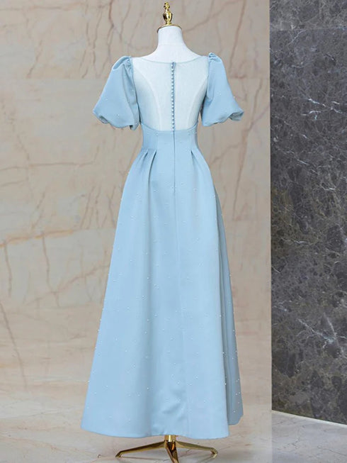 Blue Satin Pearls Short Sleeves Long Prom Dress, A-Line Blue Wedding Party Dress