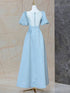 Blue Satin Pearls Short Sleeves Long Prom Dress, A-Line Blue Wedding Party Dress