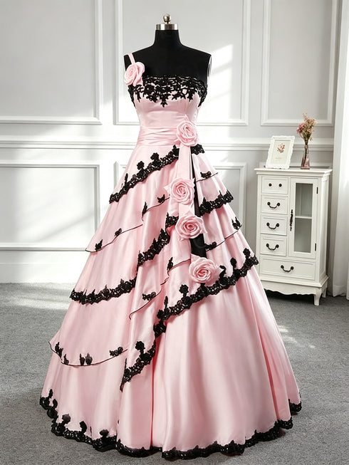 Elegant Pink Ball Gown Prom Dress with Black Lace, Pink Tiered Long Sweet 16 Dress Quinceanera Dress