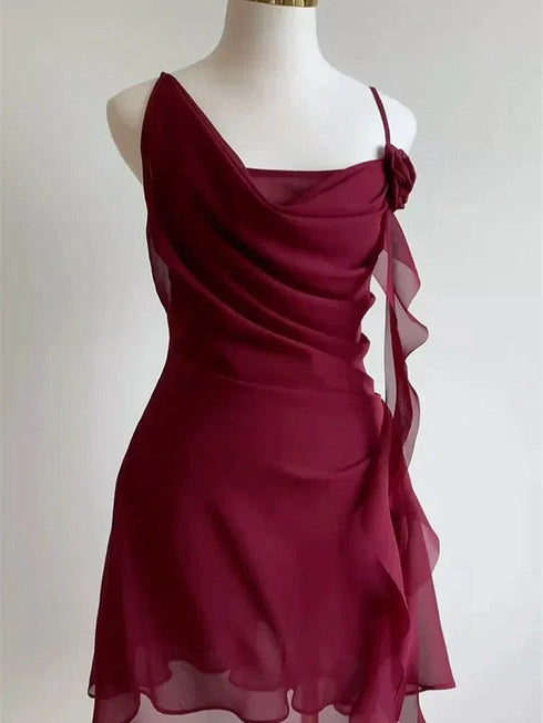 Wine Red Chiffon Short Party Dress Homecoming Dress, Wine Red Backless Short Party Dress