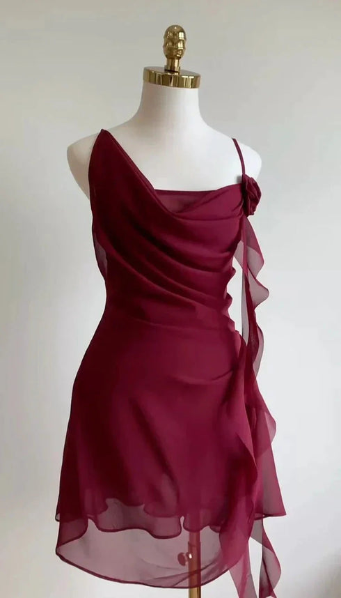 Wine Red Chiffon Short Party Dress Homecoming Dress, Wine Red Backless Short Party Dress