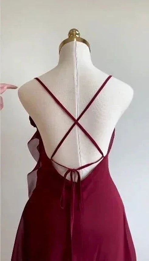 Wine Red Chiffon Short Party Dress Homecoming Dress, Wine Red Backless Short Party Dress