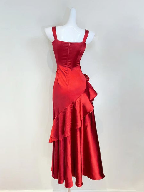 Red Satin Straps Long Evening Dress Party Dress, Scoop Satin Floor Length Prom Dress