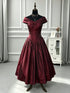 Elegant Wine Red Off Shoulder Tea Length Evening Dress, A-Line V-neckline Party Gown