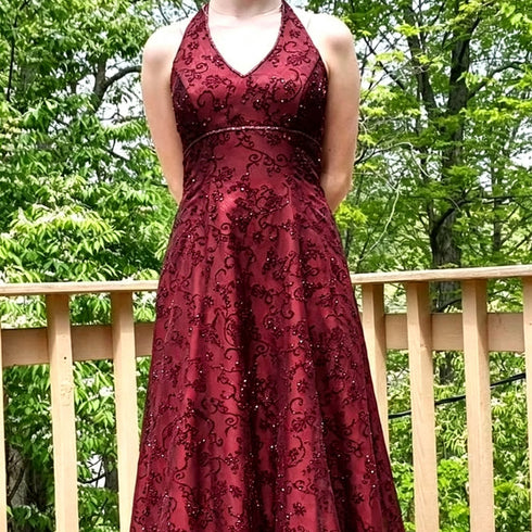Charming Wine Red Lace Halter Low Back A-line Long Formal Dress, Wine Red Lace Beaded Prom Dress