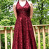 Charming Wine Red Lace Halter Low Back A-line Long Formal Dress, Wine Red Lace Beaded Prom Dress