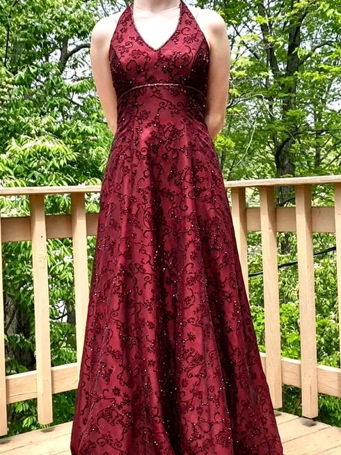 Charming Wine Red Lace Halter Low Back A-line Long Formal Dress, Wine Red Lace Beaded Prom Dress