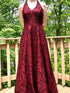 Charming Wine Red Lace Halter Low Back A-line Long Formal Dress, Wine Red Lace Beaded Prom Dress