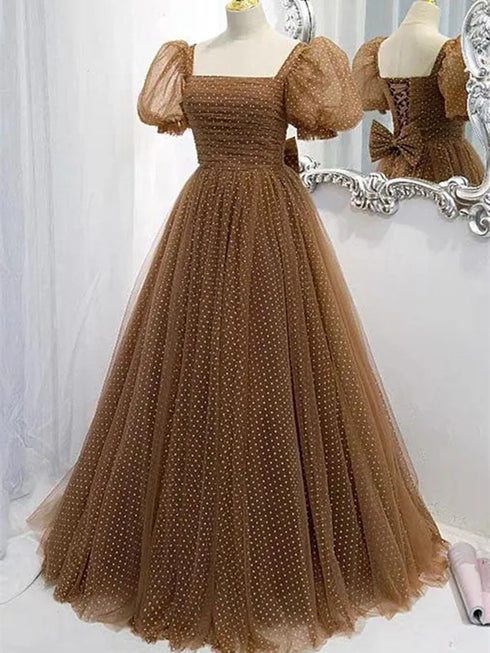 Brown A-line Tulle Square Neck Puff Sleeve Prom Gown, Lovely Floor Length Evening Dress