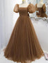 Brown A-line Tulle Square Neck Puff Sleeve Prom Gown, Lovely Floor Length Evening Dress