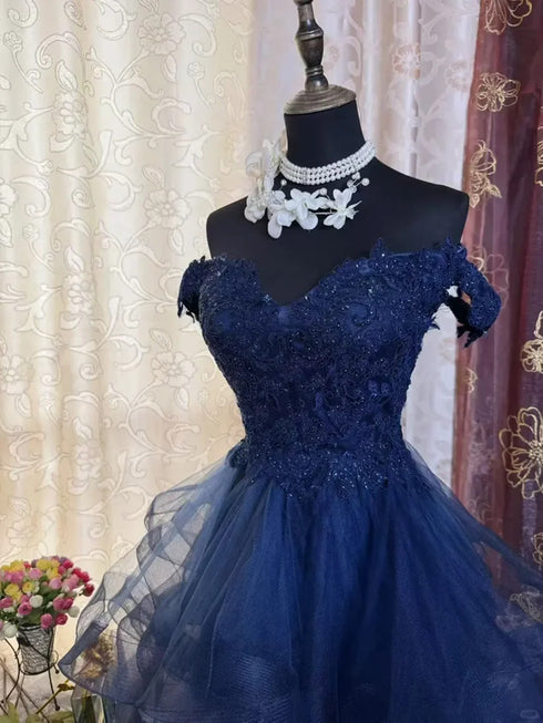 Navy Blue Sweetheart Off Shoulder Prom Dress, Navy Blue Tulle High Low Homecoming Dress