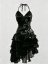 Black Organza Halter Dress with Ruffled High-Low Homecoming Dress, Black Short Party Dress