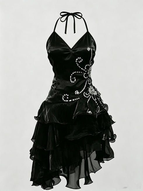 Black Organza Halter Dress with Ruffled High-Low Homecoming Dress, Black Short Party Dress